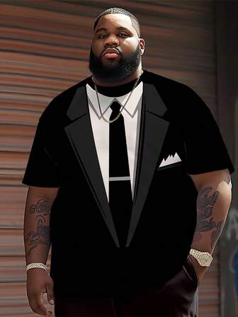 加大码男士燕尾服优雅设计印花礼服衬衫男士 T 恤 - 涤纶针织材质，圆领，休闲版型，创意图形设计