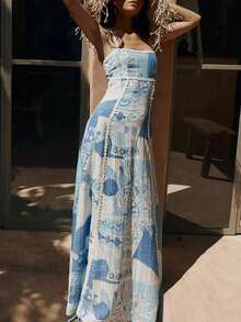 Floral Print Camisole Dress, Casual Loose Summer Beach/Holiday Dress For Women, Party Dress, For Cocktail - Blue - View 8