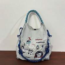 New Women's Crossbody Bag Nylon Shopping Bag Cat Embroidery Lightweight Tote Bag Folding Storage Suitable For Commuting Travel Leisure Outdoor Party Holiday Gifts
