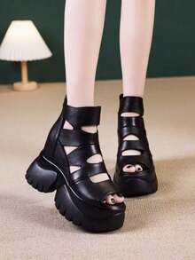 Vintage Casual Summer Fashion Hollow Out High Heeled Roman Gladiator Booties, Platform High Top Sandals For Women - Black - View 4