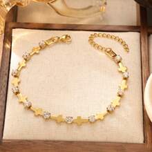 Pulseira elíptica de aço inoxidável 18K com pedra de zircônia para mulheres, design minimalista e luxuoso, leve, adequada para festas, encontros e trajes de escritório