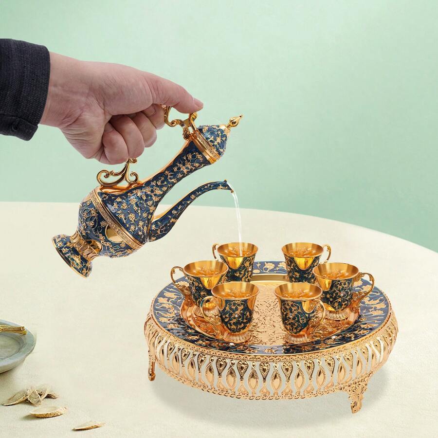 Set da tè di lusso europeo con teiera da 9,5 once, 6 tazze da 0,85 once, tazza da caffè turco, caffettiera vintage in lega di zinco e tazze, manici antiscivolo - elegante servizio da tavola per la casa o come regalo, 4 colori disponibili