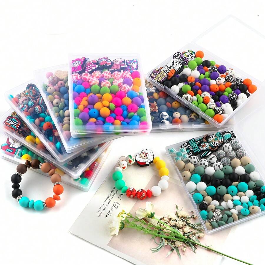 100pcs/Box Contains Various Silicone Focal Beads (Christmas Theme, Halloween Theme, Plant Theme, Cow, Dog, Etc.), 15mm Printed Silicone Beads, As Well As A Combination Of 15 Solid Color Silicone Beads And 12mm Lentil Beads. It Is Suitable For Jewelry DIY Handicrafts, Bracelets, Keychain Pendants, Bag Pendants, And Can Also Be Given As Gifts To People - Multicolor - View 1