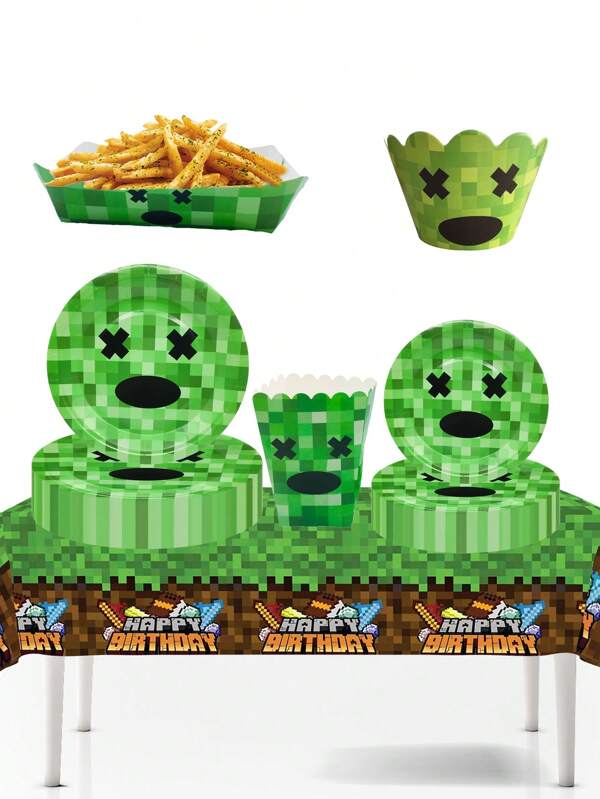 10PCS Orchards Pixel Miner Table Cover - Gamer Party Supplies, Mining Craft Party Decorations,Party Supplies, Birthday Party Supplies - Serves 10 Guests - With Table Cover,Dinner Plates, Chip Boxes, Cake Decorations
