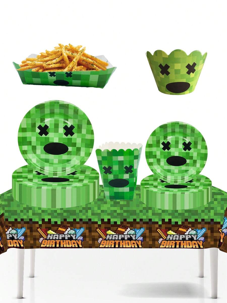 10 piezas/50 piezas Mantel con tema de minero de píxeles - Suministros para fiesta de juego, Decoraciones para fiesta con tema de minero, Suministros para fiesta de cumpleaños - Sirve para 10 personas - Incluye mantel, platos, tazones para papas fritas, decoraciones para pastel - Multicolor - Ver 1