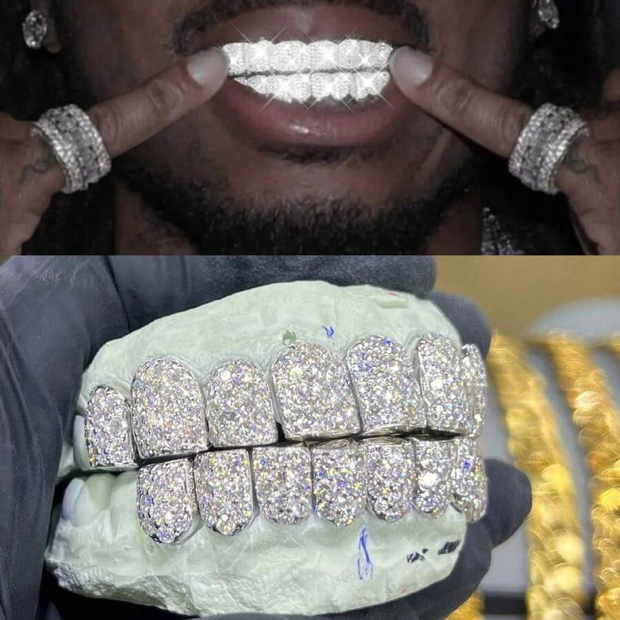 THATBOY 2PCS/SET Hip Hop Cubic Zirconia Teeth Grills 10 Teeth Top Bottom Grills Dental Mouth Punk Tooth Caps Cosplay Rapper Jewelry