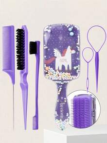 6pcs Hair Comb Set, Cute Unicorn Cartoon Comb, Edge Brushing Brush Mouse Tail Tail Makeup Brush Set, Used For Smooth Hair, Hairstyling, Cleaning - Purple - View 13