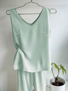 Damen Frühling/Sommer elegantes Lässig Set bestehend aus dünnem Jacquard Viskose-ähnlichen Stoff V-Ausschnitt Tanktop und geraden Hose, 2-teilig