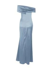 优雅露肩缎面开衩连衣裙、婚礼超长礼服、圣诞派对礼服、伴娘礼服 - 淺藍色 - 查看 4