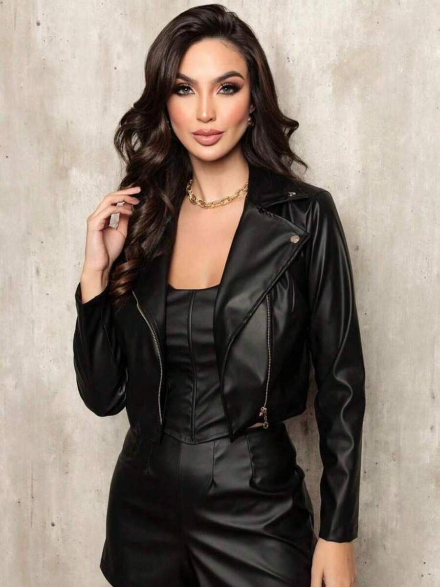 Women's Faux Leather Jacket Synthetic Leather Blouse With Zipper - 黑色 - 查看 1