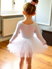 女童白色亮片长袖薄纱裙芭蕾舞裙，纯色舞蹈紧身衣