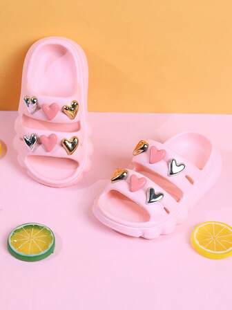1 双儿童/幼儿露趾凉鞋，带心形设计，防滑户外一脚蹬沙滩鞋，适合女孩夏季