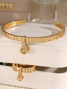 2pcs Geometric Cubic Zirconia Pendant Design Bracelet & Ring Set For Women - Multicolor - View 3