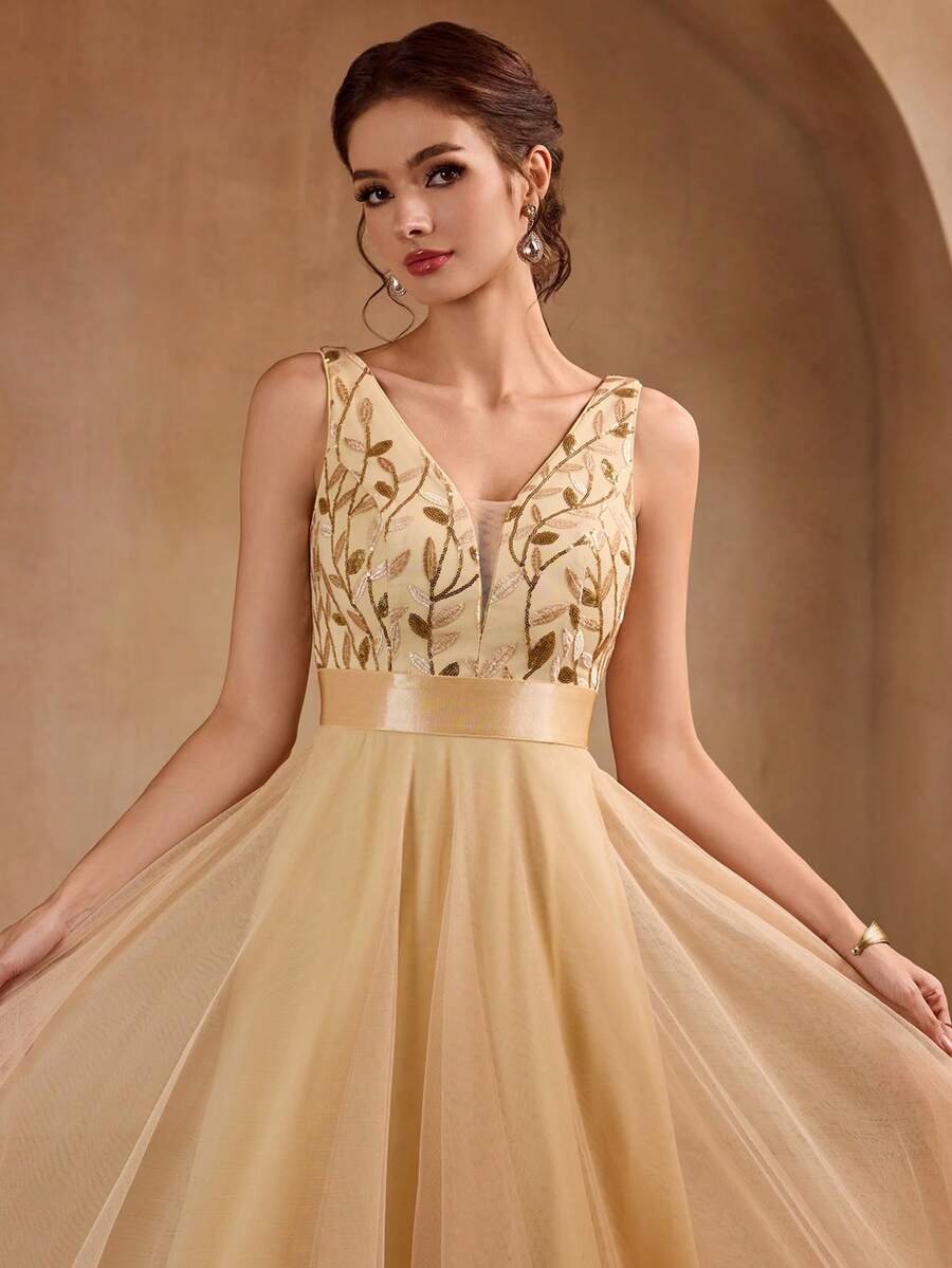 Đầm phù dâu dáng chữ A cổ chữ V đính sequin và vải lưới, đầm dự tiệc Giáng sinh, đầm dạ hội thanh lịch dành cho nữ, phù hợp cho khách dự đám cưới, lễ tốt nghiệp, dạ tiệc và các dịp khác. - Vàng - Xem 1