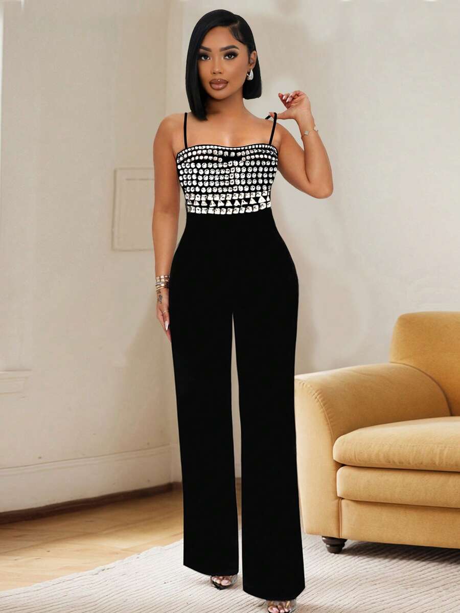 女式黑色无袖吊带连体裤优雅派对装，配有闪亮亮片水钻细节和高弹力面料，细肩带水钻，阔腿连体裤，性感派对装 - 黑色 - 查看 1