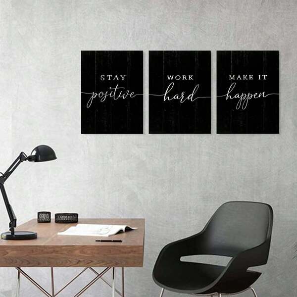 Arte de pared para oficina con citas inspiradoras: póster motivacional con frases positivas para decoración de pared de oficina, juego de 3 piezas de cuadros de motivación negros con impresiones inspiradoras, con marco, arte de pared con marco