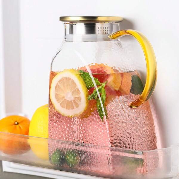 Tetera de vidrio con tapa para puerta de refrigerador, jarra de vidrio de 1,8 litros/60 onzas, jarra de agua fría de gran capacidad para el hogar, tetera de agua fría para la puerta lateral del refrigerador, apta para zumo y té helado, botella de agua para refrigerador, botella de bebida caliente y fría, fácil de limpiar y resistente al calor