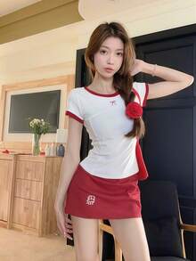 女士蝴蝶结刺绣白色短袖修身短款 T 恤，夏季 - 白色 - 查看 3