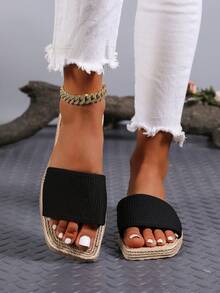 Women Square Toe Espadrille Flatform Sandals, Non-Slip Flat Slides, Summer - Black - View 3