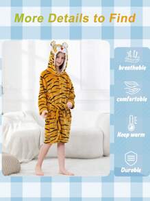 MICHLEY MICHLEY 1pc Kids Hooded Bathrobe With Belt Pockets Cartoon Animal Tiger Style Soft And Comfortable Nightgown Unisex Suitable For Living Room, Swimming Pool, Bathroom Kids Gift