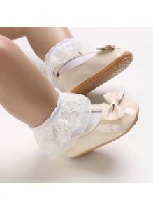 Newborn Infant Girls Princess Style Bow Decor Mary Jane Shoes, Non-Slip Rubber Sole Soft Walking Flats