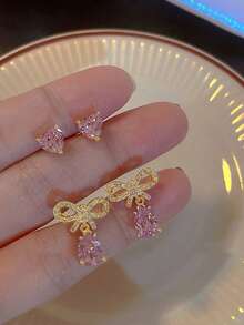 4件套粉色水晶吊坠耳环，女士时尚蝴蝶结耳环，新娘婚礼派对首饰，送给闺蜜、女友、妻子的礼物，优雅高贵。情人节配饰 - 粉色 - 查看 10