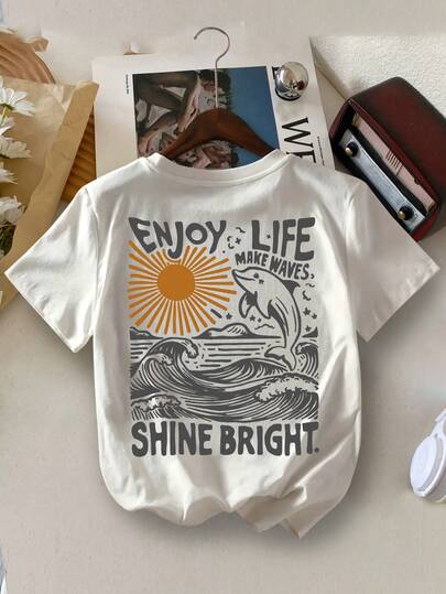 Young Boy Casual Dolphin Letter Print Fashion Round Neck Tee For Summer