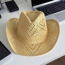 Women Men Summer Straw Hat Hollow-Out Bucket Hats Sun Beach Holiday Sun Cap Cowgirl Hat - 米色 - 查看 4