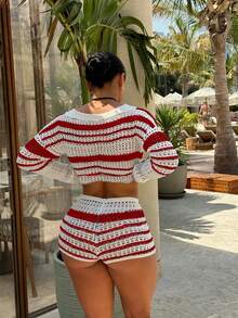 Apperloth A Y2K 性感 V 领长袖拼色条纹钩针短款上衣和超短裤 2 件套节日休闲毛衣套装