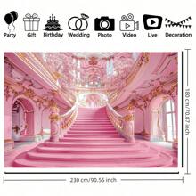 1 pieza Telón de fondo lujoso de escalera en rosa y dorado - Pasamanos con elegantes motivos dorados en espiral y detalles intrincados, diseño simétrico de arcada y paredes florales en flor, material de poliéster premium para el vestíbulo de un hotel lujoso, lugar de boda o decoración del hogar, sin necesidad de electricidad