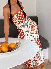 Women Plus Size Summer Dress, New Fashion French Style, Strapless, Floral, Wavy, Contrast Color, Plaid, Graffiti Decor, Beach Style, Back To School, Fruit, Lemon, Flower, American Style Dress, Tropical Resort, Waist Cinched, Allover Print, Teacher Outfit, Vacation, 70s Style, Commuting, Minimalist, Office Wear, Vintage, Simple, French, Casual, Retro, Sleeveless, Suitable For Outdoor