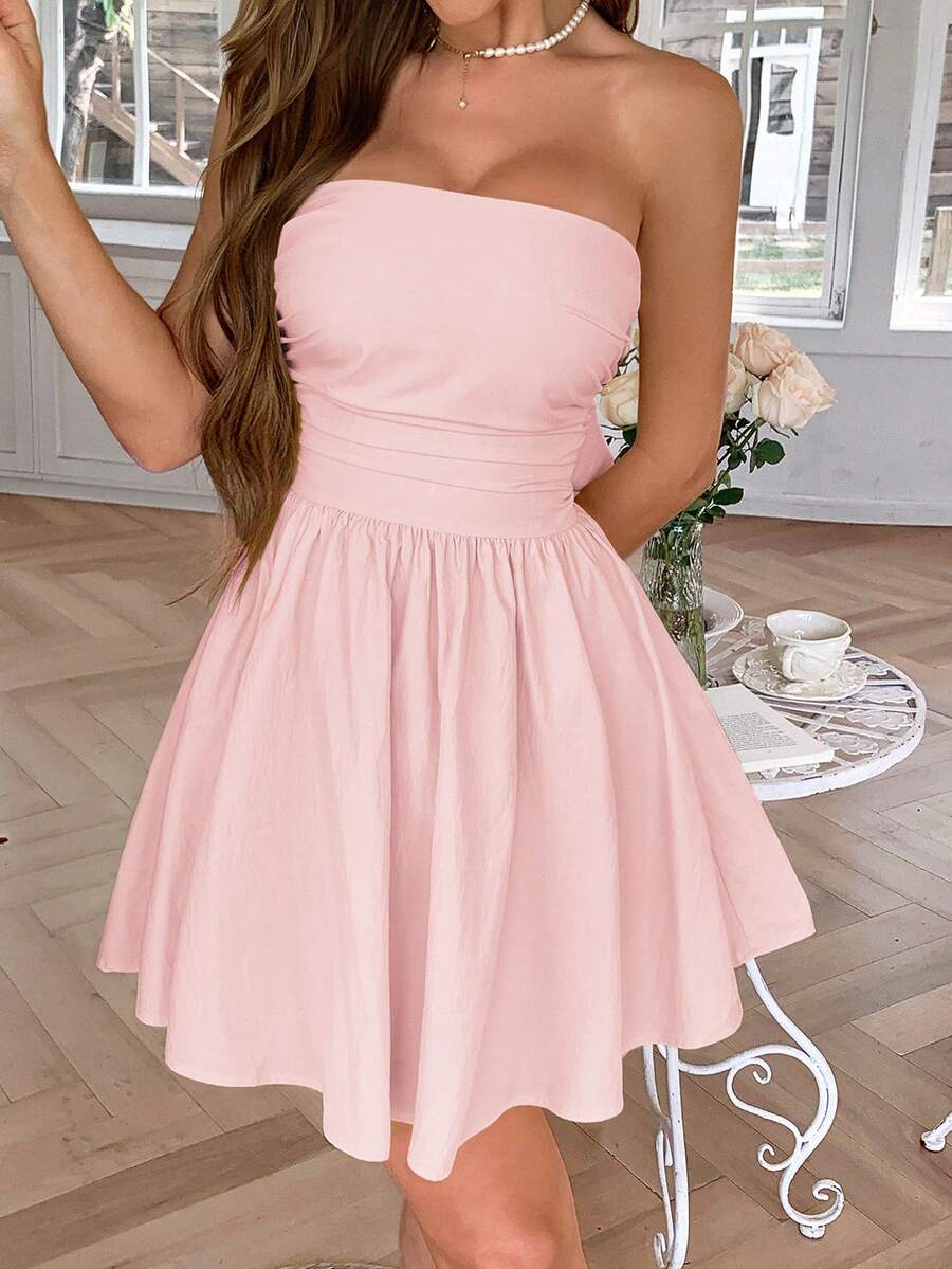 Robe de soirée courte sans bretelles, cintrée à la taille, convenant pour les vacances à la plage, les rendez-vous, la Saint-Valentin, la Fête des Mères, l'été, la rentrée scolaire, le thé de l'après-midi, les soirées élégantes - Rose bonbon - Voir 1