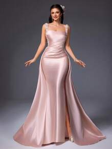 VIPGIRL Vestido de satén sin mangas con drapeado en color rosa champán, con tirantes de lentejuelas y cola larga. Vestido formal elegante de sirena para mujeres, vestidos de graduación, vestidos de noche, vestidos de invitada de boda, lujoso y glamoroso vestido de gala