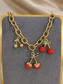 1Pc Golden Sweet & Edgy Cherry Charm Bracelet With Enamel Leaves For Women Girls, 18K Gold Plated Stainless Steel Stackable Chunky Chain, Mom Gift Christmas Thanksgiving Halloween Wedding Rave/Prom/Party/Daily Accessories Gift For Anniversary Valentine's Day Boho Jewelry Birthday Bridesmaid Gifts