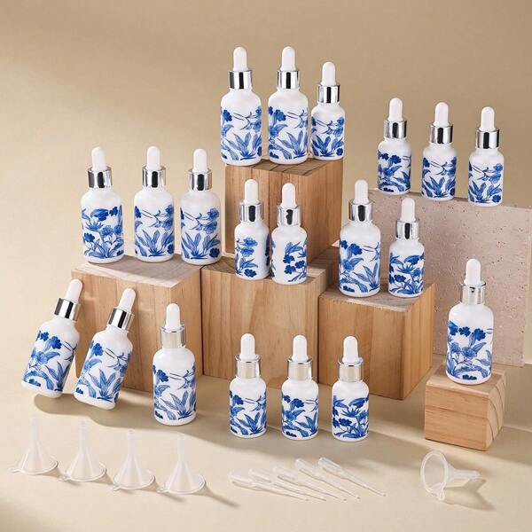 10pcs 15ml/30ml Blue & White Porcelain Essential Oil Dropper Bottles With 5 Funnels & 5 Dropper – Elegant Ceramic Perfume Containers, Leakproof Travel-Friendly Design, Reusable For, DIY Blending, Luxury Gift Storage