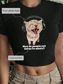 Customize Women's Short Sleeve Cropped T-Shirt, Add Your Photos (Pets, Graphics, Selfies, Friends Photos, Family Photos, Logos, Etc.), Add Your Text, Choose Your Favorite Colors And Fonts, Design Your Own Personalized Printed Short Sleeve T-Shirt - Black - View 1