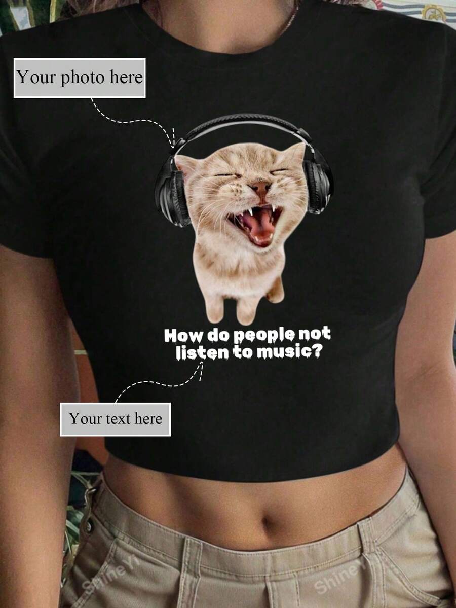 Customize Women's Short Sleeve Cropped T-Shirt, Add Your Photos (Pets, Graphics, Selfies, Friends Photos, Family Photos, Logos, Etc.), Add Your Text, Choose Your Favorite Colors And Fonts, Design Your Own Personalized Printed Short Sleeve T-Shirt - Black - View 1