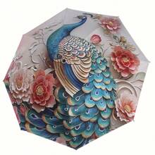 Bright Peacock Pattern Folding Manual Umbrella - Reinforced 8-Bar Steel Frame, UV Protection, Compact Folding Design, Durable 190T Vinyl Fabric And Ergonomic Rubber Handle, Recreational Rain Gear | Folding Umbrella | Durable Vinyl Canopy, Outdoor Umbrella Summer Cooling,Beach,Travel