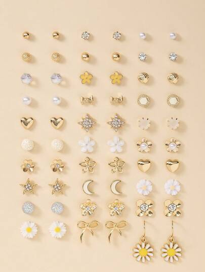 30 件/套简约可爱水钻、人造珍珠、心形、花朵、蝴蝶结树脂和金属耳钉，适合女士，百搭珠宝配饰
