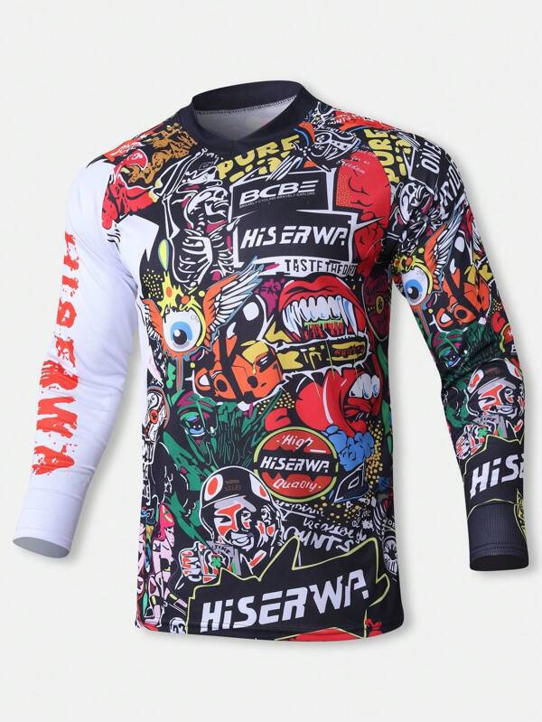 HISERWA Full Print Men's Cycling Quick-Dry Shirt, Loose Fit Mountain Bicycle Downhill Jersey, Breathable Long Sleeve Summer Cycling T-Shirt