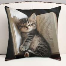 1 pièce Taie d'oreiller décorative en peluche 45 x 45 cm - Motif chat mignon dormant sur des livres, fermeture zippée, polyester doux, décoration d'intérieur idéale pour tous les styles de pièce, excellent cadeau (insert non inclus)
