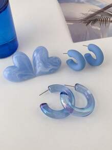3 paires/set de boucles d'oreilles à tige en forme de cœur avec boucles d'oreilles à cerceau bleu transparent AB