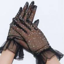 Lace Net Mesh Sheer Elastic Gloves, Sexy And Elegant With Rhinestones, Lightweight Breathable For Party, Summer Protection - Transparent Tulle Lace Diamond Gloves - View 4