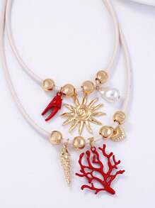 1pc Luxurious High-End Design Ocean Vacation Style Alloy Coral Faux Pearl Pendant Double Layer Leather Cord Necklace For Women, Versatile