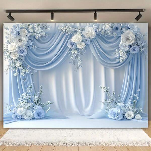 1pc Elegant Polyester Floral Backdrop - Multi-Purpose Light Blue Decoration For Weddings, Birthdays, Anniversaries, Bachelorette Parties - No Electricity Required, Multiple Sizes