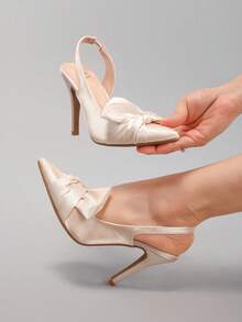 秋冬女士扭结尖头高跟鞋，性感派对婚礼缎面踝带细高跟凉鞋，优雅 - 杏色 - 查看 7