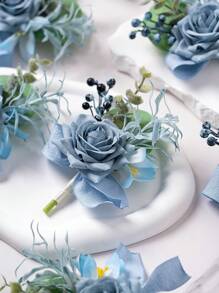 2 Stücke/Set Armband Corsage und Ansteckblume Set für Hochzeit Braut Brautjungfer Handblume Mutter Großmutter für Bridal-Shower Corsage für Bräutigam Trauzeuge, künstliche staubige blaue Rosen Blumen für Abschlussball Party Jahrestag Hochzeitsgeschenk Dekoration