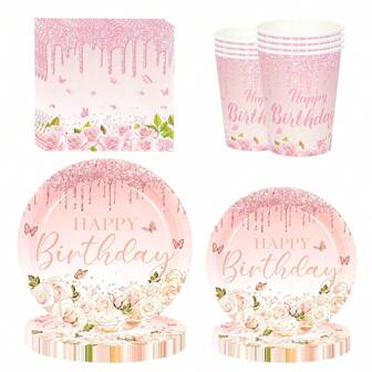 50 pièces/80 pièces Décorations de fête avec fleurs sauvages et papillons. Fournitures de fête florale avec papillons roses, assiettes, serviettes, gobelets, set de vaisselle pour anniversaire de printemps, thé, fête de jardin
