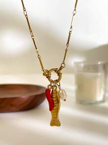 Monlansher Nuova collana in acciaio inossidabile da donna con design unico di ciondolo a forma di pesce, perla e peperoncino, collana alla moda stile bohémien adatta per vacanze, viaggi e uso quotidiano
