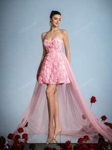 Elegant Mini Bridal Gown With Intricate 3D Flowers & Lightweight Netted Tulle Trail – Perfect For Summer Weddings, Garden Parties, Luxury Ceremonies, Or Formal Evening Events, Bride
